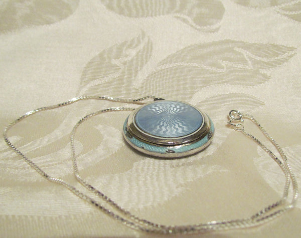 Blue Guilloche Compact Necklace Sterling Silver Enamel Powder Compact Pendant