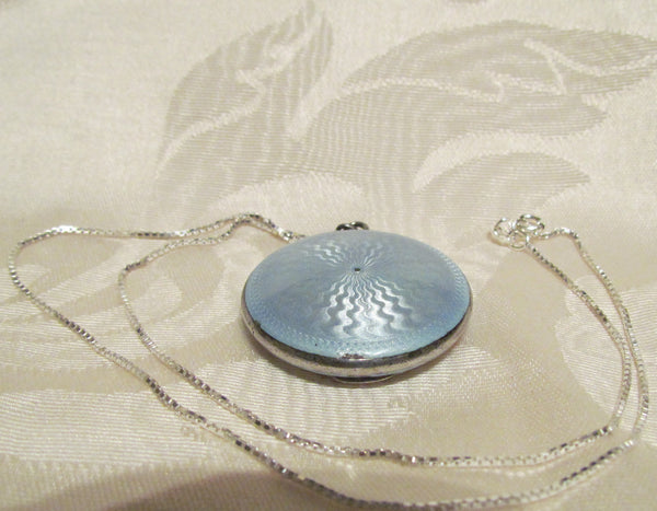 Blue Guilloche Compact Necklace Sterling Silver Enamel Powder Compact Pendant