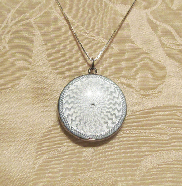 Blue Guilloche Compact Necklace Sterling Silver Enamel Powder Compact Pendant