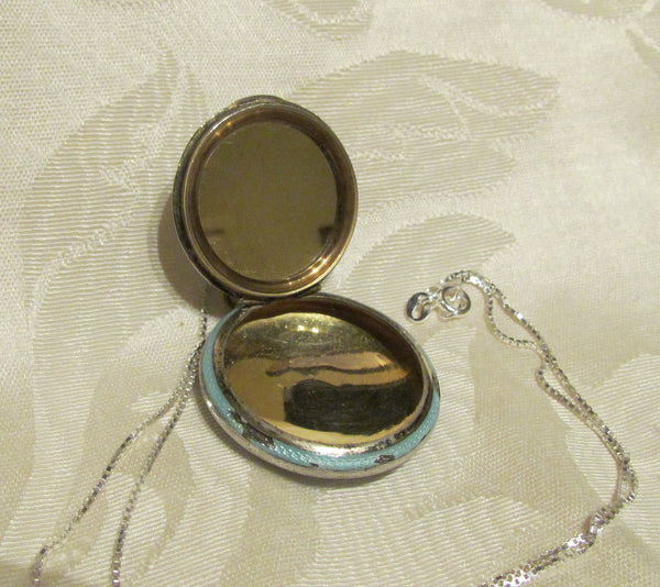 Blue Guilloche Compact Necklace Sterling Silver Enamel Powder Compact Pendant