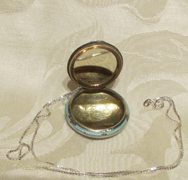 Blue Guilloche Compact Necklace Sterling Silver Enamel Powder Compact Pendant