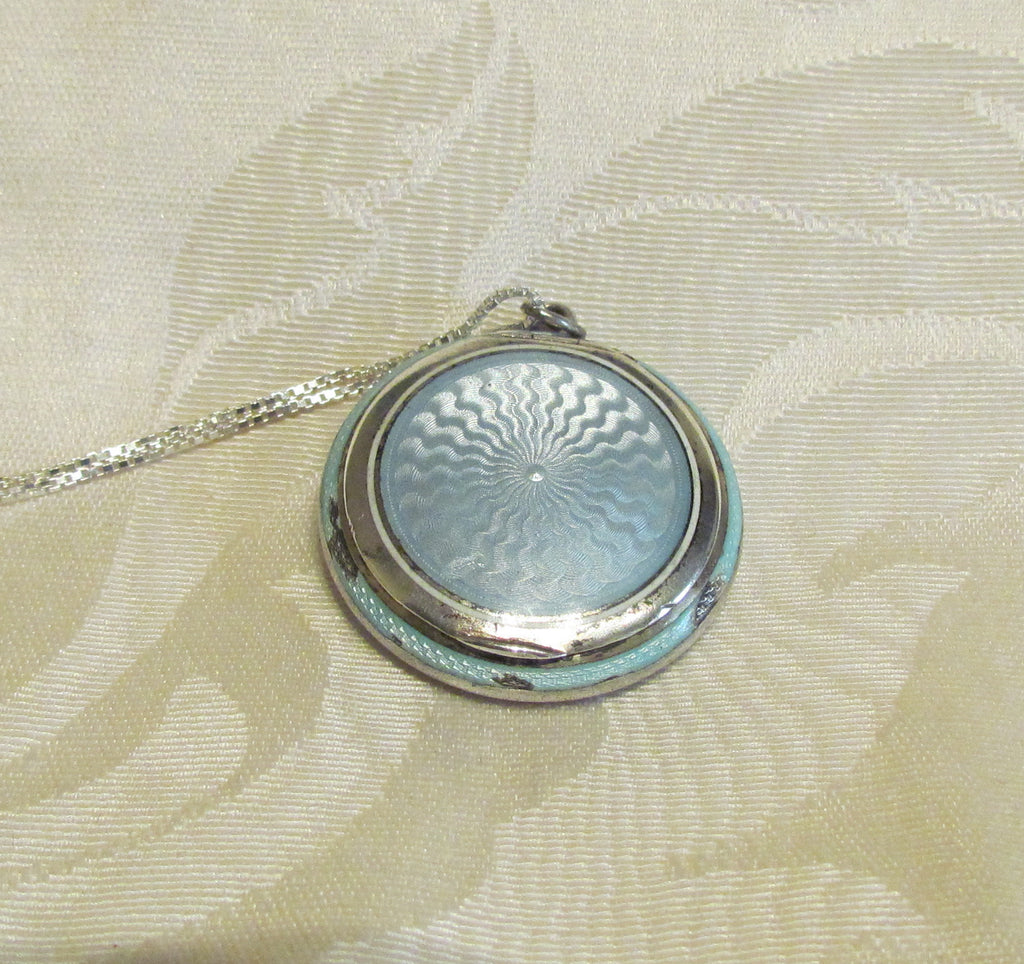Blue Guilloche Compact Necklace Sterling Silver Enamel Powder Compact Pendant