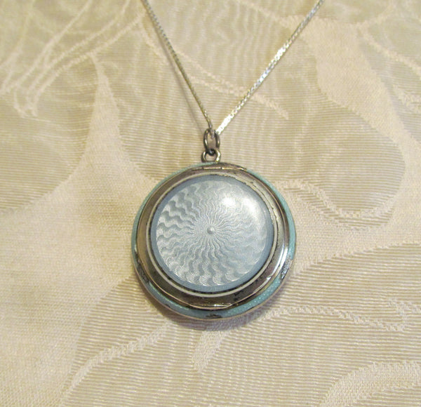 Blue Guilloche Compact Necklace Sterling Silver Enamel Powder Compact Pendant