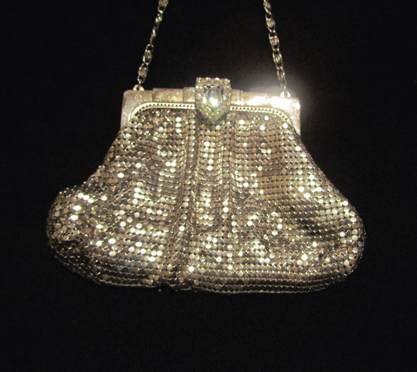 Art Deco Purse 1930s Whiting Davis Rhinestone Silver Mesh Handbag Wedding Bridal Bag
