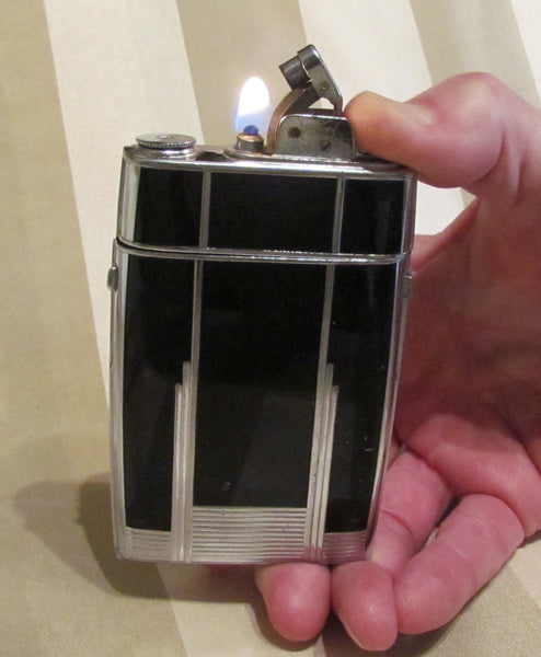 Art Deco Evans Case Lighter Black Enamel Design 1940s Trig-A-Lite Cigarette Case Working Condition