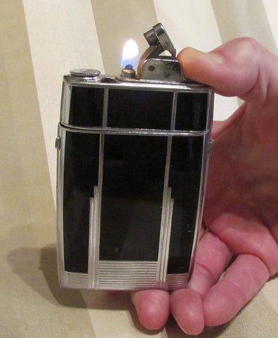 Art Deco Evans Case Lighter Black Enamel Design 1940s Trig-A-Lite Cigarette Case Working Condition