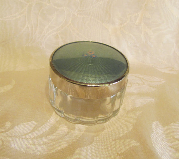 Powder Jar Guilloche Celluloid Art Deco Vanity Jar 1940s Glass Trinket Holder Storage