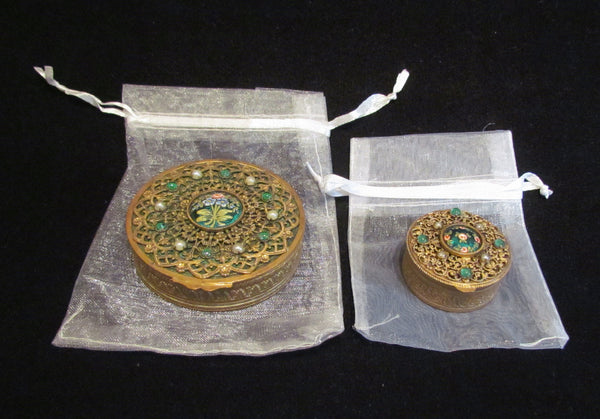 Gold Filigree Compact Set French Guilloche Enamel White Pearls Green Stones Antique Powder Boxes 1800's