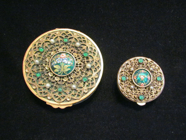 Gold Filigree Compact Set French Guilloche Enamel White Pearls Green Stones Antique Powder Boxes 1800's