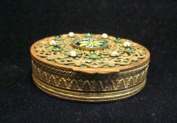 Gold Filigree Compact Set French Guilloche Enamel White Pearls Green Stones Antique Powder Boxes 1800's