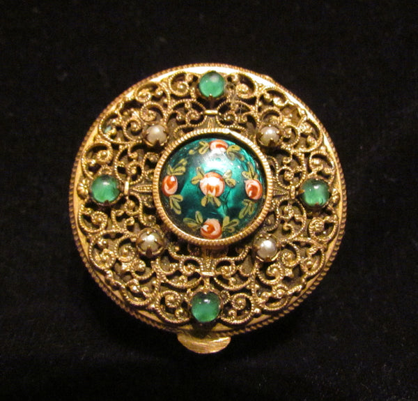 Gold Filigree Compact Set French Guilloche Enamel White Pearls Green Stones Antique Powder Boxes 1800's