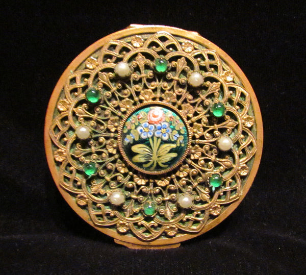 Gold Filigree Compact Set French Guilloche Enamel White Pearls Green Stones Antique Powder Boxes 1800's