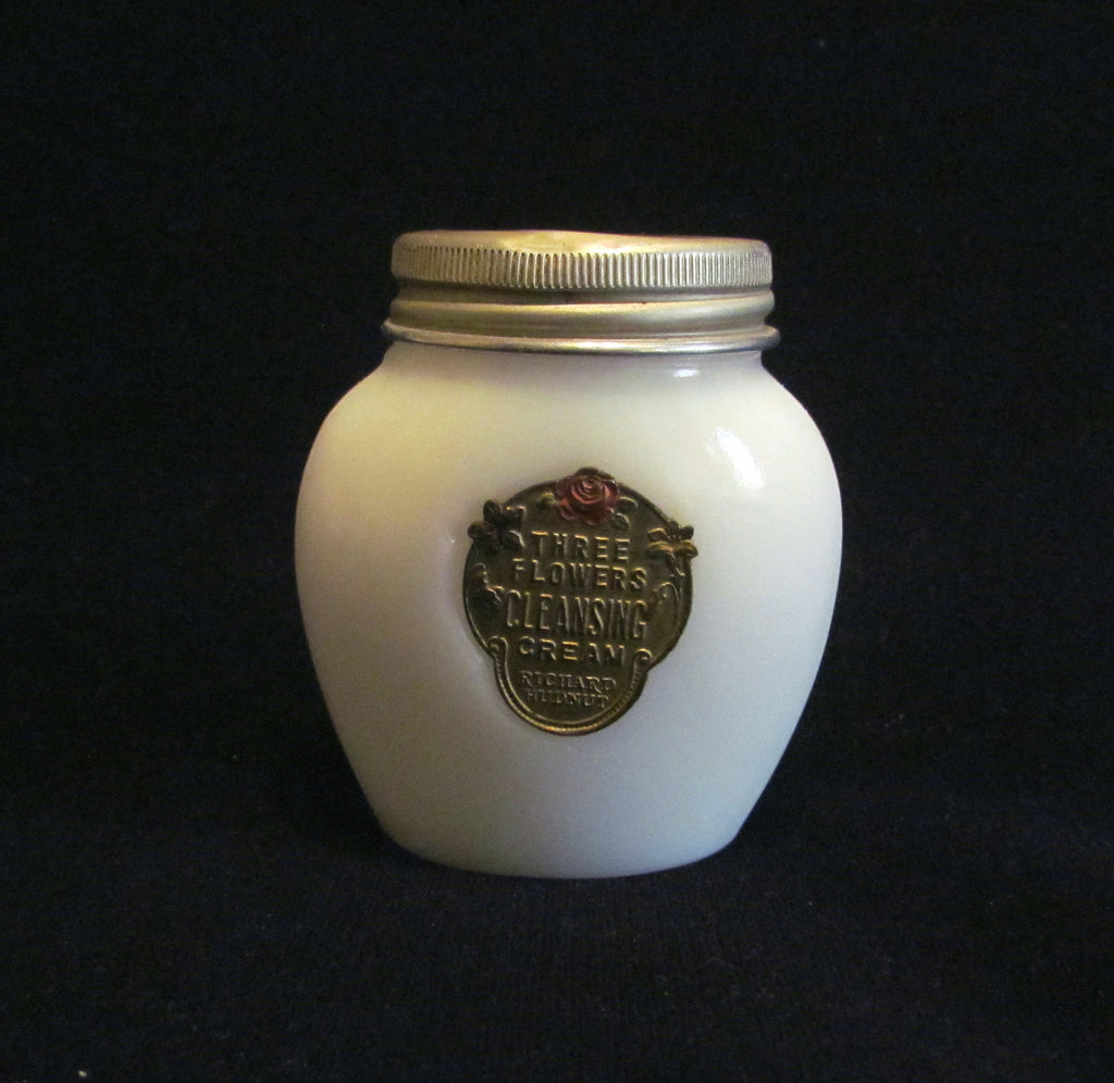 Three Flowers Cleansing Cream Jar Milk Glass Bottle Gold Foil Label Litho Lid 1920's Richard Hudnut