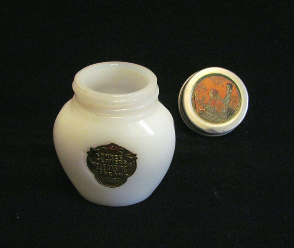 Three Flowers Cleansing Cream Jar Milk Glass Bottle Gold Foil Label Litho Lid 1920's Richard Hudnut