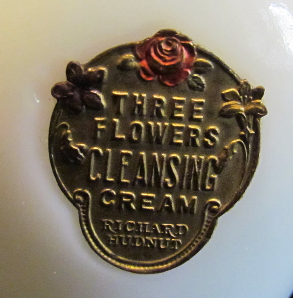 Three Flowers Cleansing Cream Jar Milk Glass Bottle Gold Foil Label Litho Lid 1920's Richard Hudnut