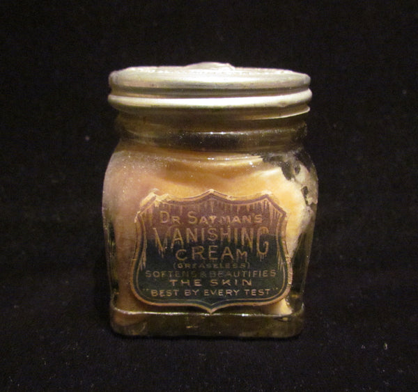 Dr Saymans Vanishing Cream Jar Glass Bottle Embossed Metal Lid Circa 1910's