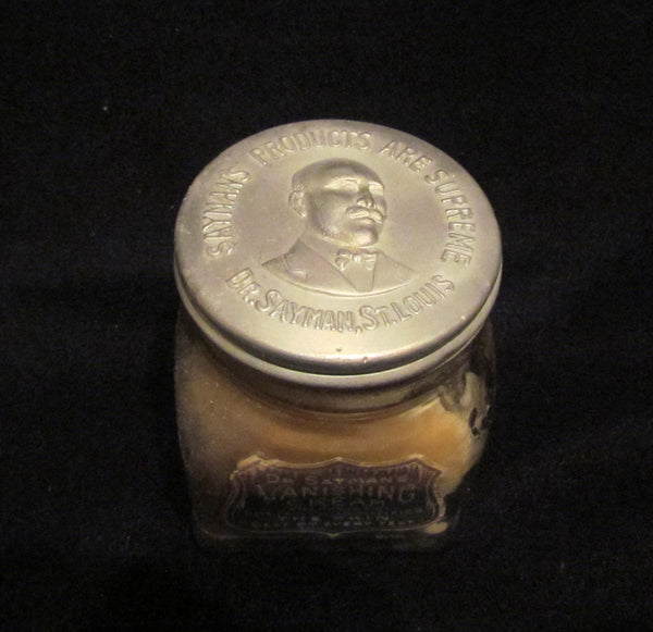 Dr Saymans Vanishing Cream Jar Glass Bottle Embossed Metal Lid Circa 1910's