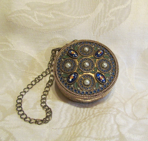 French Gold Compact Box Blue Guilloche & Pearl Accents 1800's Powder Compact Purse Rare