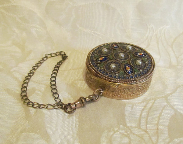 French Gold Compact Box Blue Guilloche & Pearl Accents 1800's Powder Compact Purse Rare