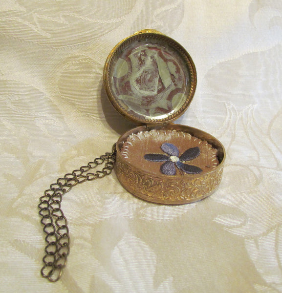 French Gold Compact Box Blue Guilloche & Pearl Accents 1800's Powder Compact Purse Rare