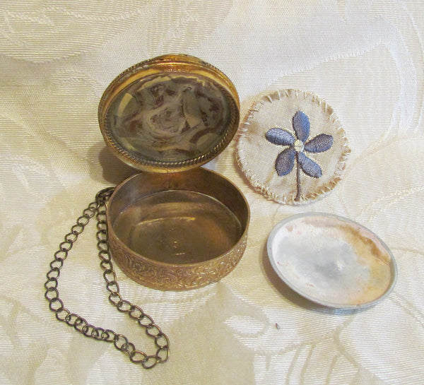 French Gold Compact Box Blue Guilloche & Pearl Accents 1800's Powder Compact Purse Rare