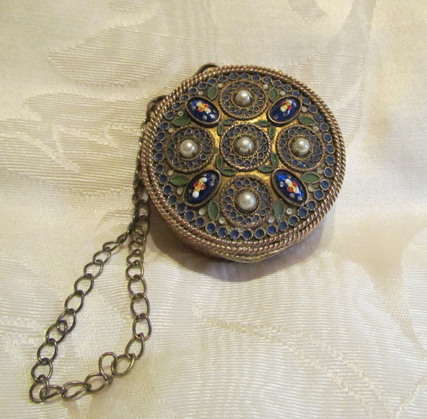 French Gold Compact Box Blue Guilloche & Pearl Accents 1800's Powder Compact Purse Rare