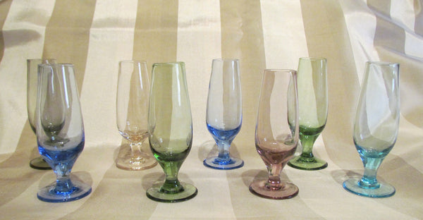 Vintage Cordial Glasses Set Of 8 Depression Glass Rainbow Colors 1940s Bar Shot Glasses