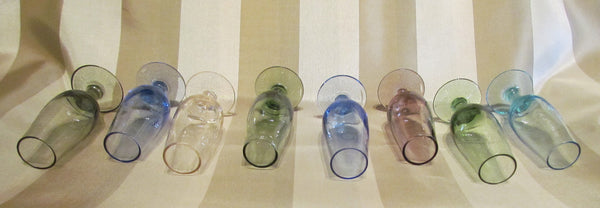 Vintage Cordial Glasses Set Of 8 Depression Glass Rainbow Colors 1940s Bar Shot Glasses