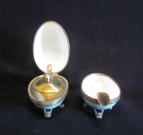 Evans Guilloche Egg Lighter Ashtray Set Blue Enamel 1950s Table Lighter Mid Century Rare Set