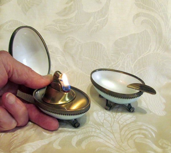 Evans Guilloche Egg Lighter Ashtray Set Blue Enamel 1950s Table Lighter Mid Century Rare Set