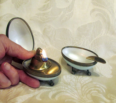 Evans Guilloche Egg Lighter Ashtray Set Blue Enamel 1950s Table Lighter Mid Century Rare Set