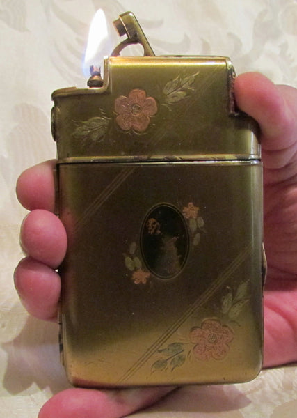 Ladies Marathon Cigarette Case Lighter 1930s Slide A Lite Working Gold & Enamel Case Lite