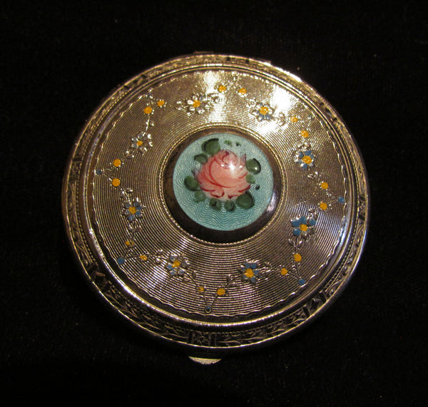 1930s Silver Guilloche Compact Art Deco Powder Mirror Compact