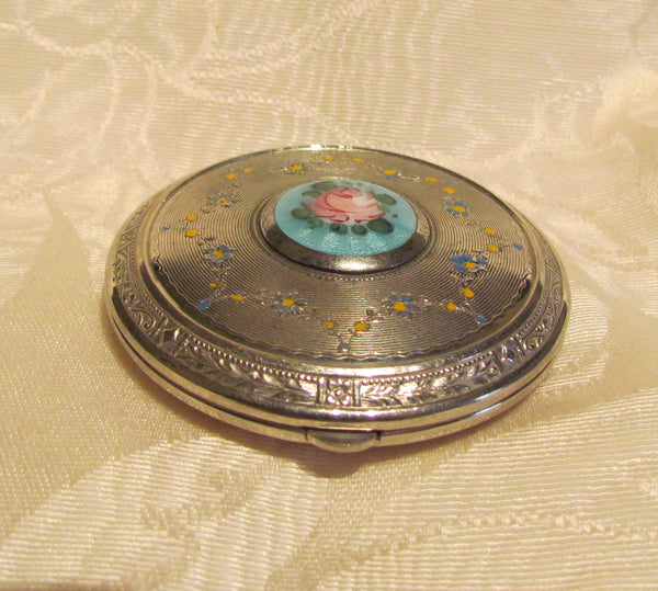 1930s Silver Guilloche Compact Art Deco Powder Mirror Compact