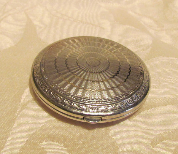 1930s Silver Guilloche Compact Art Deco Powder Mirror Compact