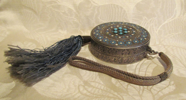 Silver Compact Wristlet Purse Turquoise Stones And Enamel Accents 1800's Powder & Rouge Rare