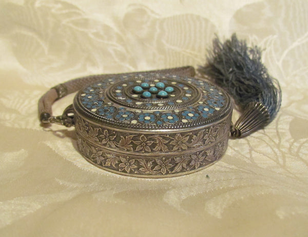 Silver Compact Wristlet Purse Turquoise Stones And Enamel Accents 1800's Powder & Rouge Rare