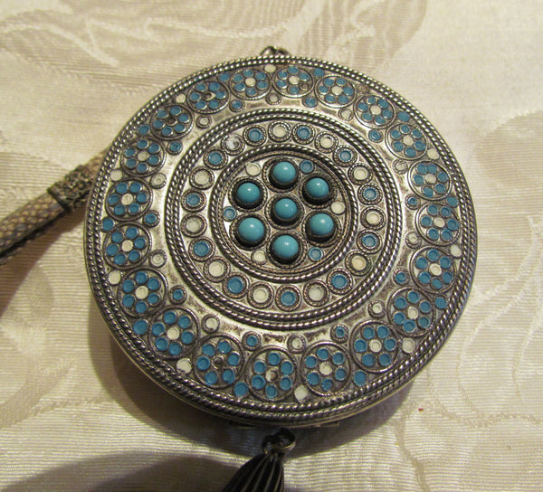 Silver Compact Wristlet Purse Turquoise Stones And Enamel Accents 1800's Powder & Rouge Rare