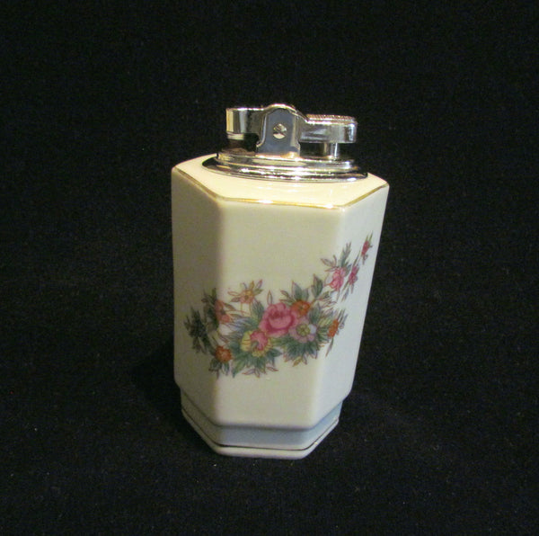 1940s Table Lighter Cigarette Lighter Vintage Lighter Porcelain Lighter Floral Silver Ceramic WORKING