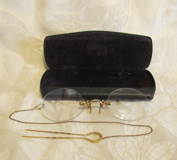 12Kt GF Pince Nez Eyeglasses Victorian Spectacles 1800s SHUR-ON Ladies Glasses With Hairpin & Case