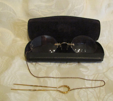 12Kt GF Pince Nez Eyeglasses Victorian Spectacles 1800s SHUR-ON Ladies Glasses With Hairpin & Case