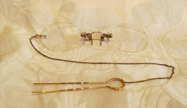 12Kt GF Pince Nez Eyeglasses Victorian Spectacles 1800s SHUR-ON Ladies Glasses With Hairpin & Case