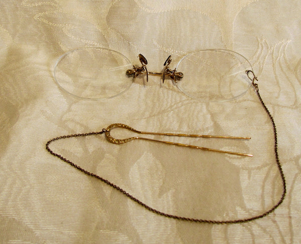 12Kt GF Pince Nez Eyeglasses Victorian Spectacles 1800s SHUR-ON Ladies Glasses With Hairpin & Case