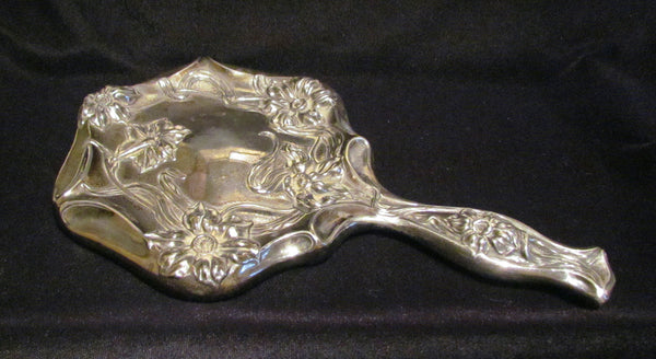 Art Nouveau Hand Held Mirror Vintage Silver Beveled Vanity Mirror