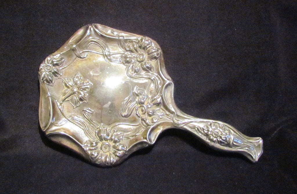 Art Nouveau Hand Held Mirror Vintage Silver Beveled Vanity Mirror