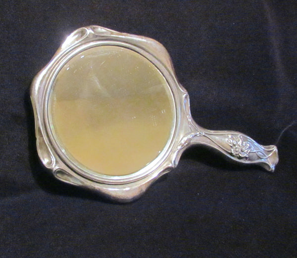Art Nouveau Hand Held Mirror Vintage Silver Beveled Vanity Mirror