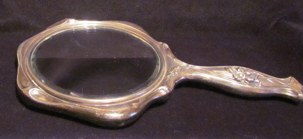 Art Nouveau Hand Held Mirror Vintage Silver Beveled Vanity Mirror