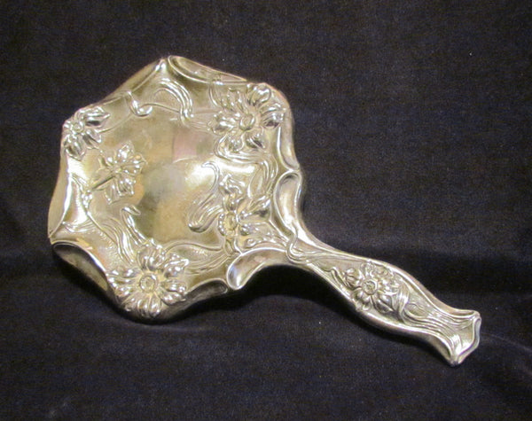 Art Nouveau Hand Held Mirror Vintage Silver Beveled Vanity Mirror
