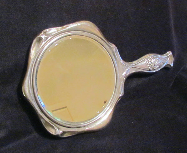 Art Nouveau Hand Held Mirror Vintage Silver Beveled Vanity Mirror