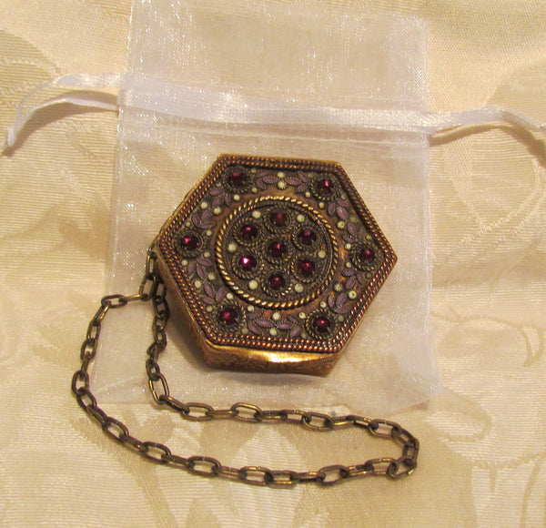 Gold Compact Purse Fuchsia Rhinestones 1890s French Polygon Powder Compact Purse